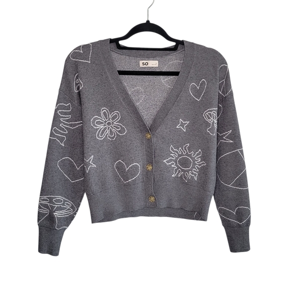 SO Junior's Cropped Button Front V-Neck Icon Cardigan Size S Grey Peace Print - Picture 1 of 10
